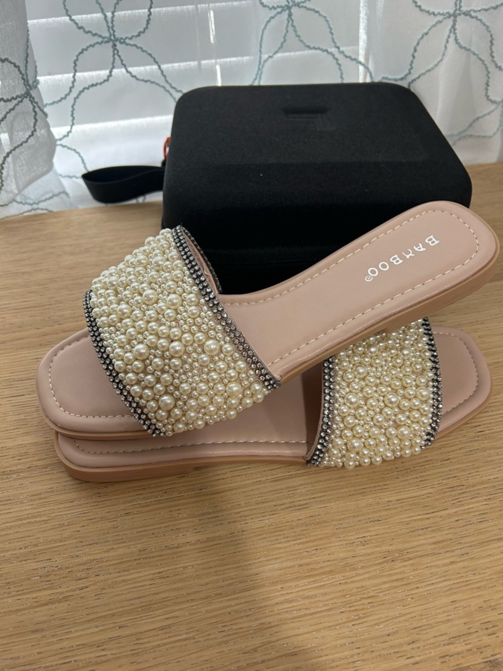 BAMBOO Pearl-Embellished Nude Slide Mules